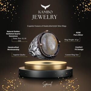 925 Ayar Gümüş El Yapımı Erkek Yüzük - Çeşitli Doğal Taşlarla Mevcuttur (Cabochon Altın Rutilatlı Kuvars) - Görsel 6