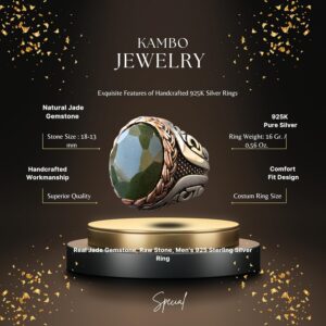 Gerçek Doğal Yeşim Taşı, Ham Taş, Erkekler için 925 Ayar Gümüş Yüzük - Görsel 2