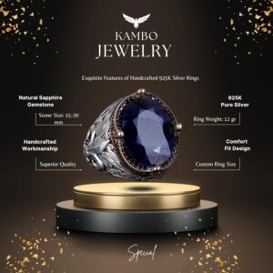 925 Ayar Gümüş El Yapımı Erkek Yüzük - Çeşitli Doğal Taşlarla Mevcuttur (Mavi Safir) - Görsel 6