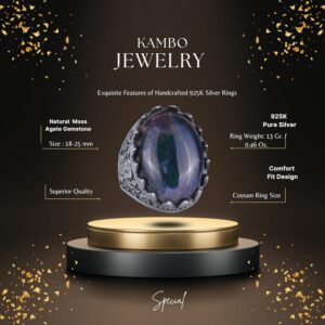 Gerçek Doğal Yosunlu Akik Taş Yüzük - Gül Desenli Yüzük - 925 Ayar Gümüş Yüzük - El Yapımı Büyük Yüzük - Görsel 2