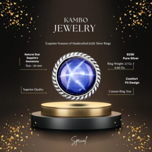 Gerçek Doğal Star Safir Taşlı Yüzük, 925 Ayar Gümüş Yüzük Erkekler İçin - Görsel 2