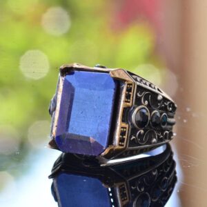 Gerçek Doğal Safir Taş Yüzük, El Yapımı Doğal Taş Takı, 925 Ayar Gümüş Yüzük erkekler için - Görsel 3