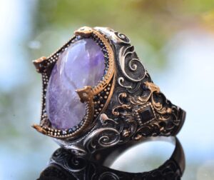 Gerçek Doğal Ametist Taşı, Sultan Yüzük, Erkek Sterlin Gümüş Yüzük, Mor - Görsel 4