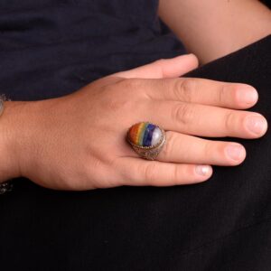 Gümüş Erkek Yüzük, Gökkuşağı Yüzük, Çok Renkli Yüzük - Görsel 3