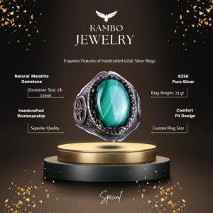 925 Ayar Saf Gümüş Erkek Yüzük - Doğal Taşlarla El Yapımı Şıklık (Malakit Taşı) - Görsel 2