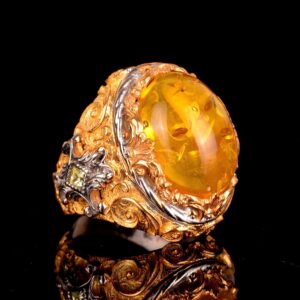 Erkekler için 925 Ayar Gümüş Yüzük, Doğal Olmayan Bal Amber Taşı ile - Görsel 4
