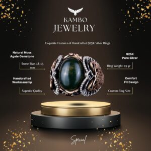 Doğal Yosun Akik Taşı, 925 Ayar Katı Gümüş Erkek Yüzük, El Yapımı Zarafet - Görsel 6