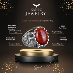 İslam Doğal Kan Taşı Yüzüğü, 925 Ayar Gümüş Yüzük Erkekler İçin, Farklı Yüzük - Görsel 2