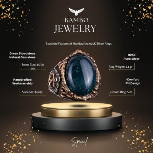 Denizci Çapa Gümüş Yüzük, Doğal Taş Yüzükler için Erkekler, 925 Ayar Gümüş Yüzük, (Yeşil Kan Taşı) - Görsel 2