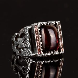 Gerçek Doğal Granat Taşı Yüzük, El Yapımı Yüzük, Minimalist Takı, 925 Ayar Gümüş Erkek Yüzüğü - Görsel 4