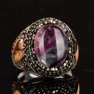 Gerçek Doğal Florit Taşlı Yüzük, Minimalist Yüzük, El Yapımı Yüzük, 925 Ayar Gümüş Yüzük Erkekler İçin - Görsel 4