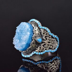 El Yapımı 925 Ayar Gümüş Erkek Yüzük ile Doğal Taş - Kültürel Tasarım (Mavi Drusy Kristali) - Görsel 3