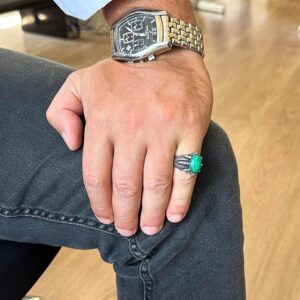 925 Ayar Gümüş Erkek Yüzük, Doğal Taşlı, El Yapımı Vintage Tasarım Pençeli Yüzük (Malaşit) - Görsel 3