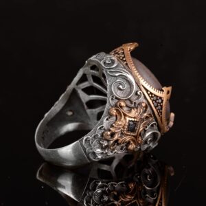 925 Ayar Gümüş Erkek Yüzük – Arapça Hat Sanatlı Dualı Kahverengi Doğal Taşlı Otantik Model - Görsel 6