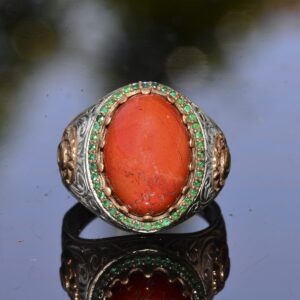 El yapımı Doğal Kırmızı Mercan Yüzük | 925 Ayar Gümüş Erkek Yüzüğü - Görsel 8