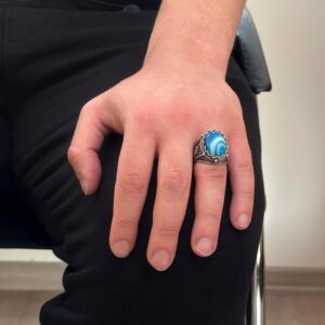 Gerçek Doğal Mavi Agat Taş Yüzük, 925 Ayar Gümüş Yüzük Erkekler İçin, Farklı Yüzük - Görsel 3