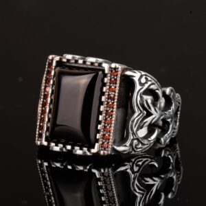 Gerçek Doğal Obsidyen Taş Yüzük, 925 Ayar Gümüş Erkek Yüzük - Görsel 5