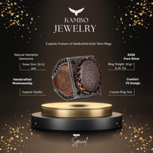 925 Ayar Gümüş Erkek Yüzük, Hematit Taşı, Vintage İslami Tasarım, Oyma Arapça Hat Yazısı - Görsel 2