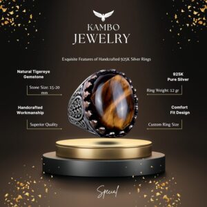 925 Ayar Katı Gümüş Erkek Yüzük - Doğal Taşlarla El Yapımı Şıklık (Kaplan Göz Taşı) - Görsel 6