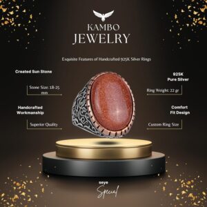 Yapay Taş Yüzük, 925 Ayar Gümüş Erkek Yüzüğü, Büyük Yüzük (Kahverengi Güneş Taşı Yapay Taş) - Görsel 3