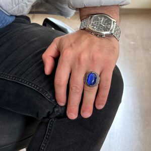 925 Ayar Gümüş Erkek Yüzük - Mavi Kedi Gözü Taş Yüzük - Erkek Yüzüğü - Görsel 3