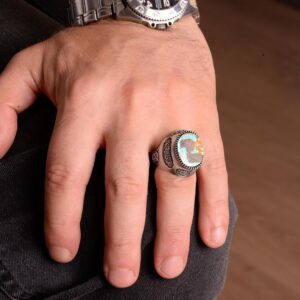 Gerçek Doğal Arizona Turkuaz Taş Yüzük, Erkek Yüzüğü, 925 Ayar Gümüş Yüzük - Görsel 6