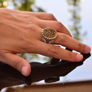 El Yapımı Gümüş Erkek Yüzük | Bronza Inlay ile Zarif Yazı | Cesur ve Şık İslami Yüzük - Görsel 6