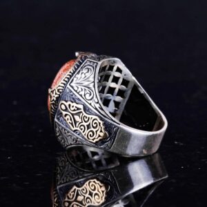 925 Ayar Gümüş Erkek Yüzük, Kahverengi Güneş Taşı Yapay Taş Yüzük, Gümüş Şık Erkek Yüzük - Görsel 7