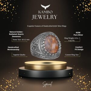 Gerçek Doğal Taş Yüzük, 925K Katı Gümüş Erkek Yüzüğü (Rutilatlı Kuvars) - Görsel 2