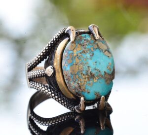 Doğal Arizona Turkuaz Taşlı 925 Ayar Gümüş Pençe Erkek Yüzük - Güç ve Denge Artırıcı - Görsel 3