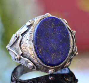 Erkek Doğal Lapis Lazuli Yüzük, 925 Ayar Gümüş, Ortaçağ Tasarımı ile El Yapımı - Görsel 3