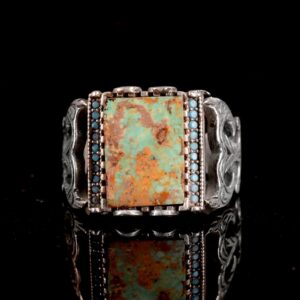 Dikdörtgen Gümüş Yüzük, 925 Doğal Arizona Turkuaz Taşlı Yüzük - Görsel 5