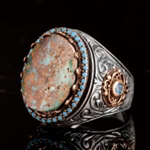 Erkekler için El Yapımı Doğal Arizona Turkuaz Taş Yüzük, 925 Ayar Gümüş Yüzük, Sultan Yüzük (Stil-6) - Görsel 5