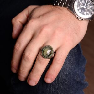Gerçek Doğal Prehnit Taşı Yüzük, El Yapımı 925 Ayar Gümüş Erkek Yüzük Yeşil Aksanlarla - Görsel 6