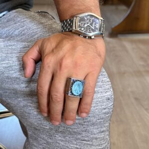 925 Ayar Gümüş İslami Yüzük, Yapay Taş Yüzük, El Yapımı Hat Yazısı Yüzük (Yapay Açık Mavi Paraiba) - Görsel 3