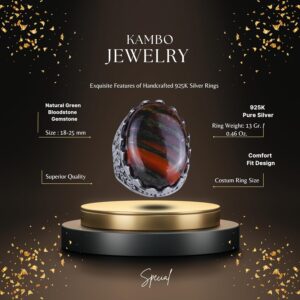 Gerçek Doğal Taş Yüzük - Gül Desenli Yüzük - 925 Ayar Gümüş Yüzük - El Yapımı Büyük Yüzük (Yeşil Kan Taşı) - Görsel 2