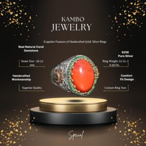 El yapımı Doğal Kırmızı Mercan Yüzük | 925 Ayar Gümüş Erkek Yüzüğü - Görsel 2