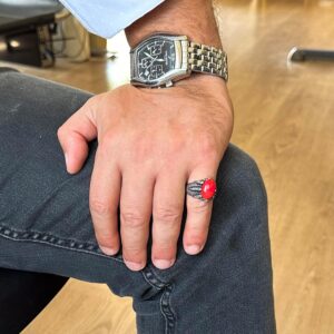 Gerçek Doğal Kırmızı Mercan Taşı ile Yapılmış Gümüş Pençe Yüzük - Görsel 3