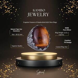 Gerçek Doğal Taş Yüzük - Gül Desenli Yüzük - 925 Ayar Gümüş Yüzük - El Yapımı Büyük Yüzük (Kaplan Göz) - Görsel 2