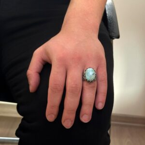 925 Ayar Katı Gümüş Erkek Yüzük - Doğal Taş Seçeneği ile El Yapımı Tasarım (Larimar) - Görsel 3