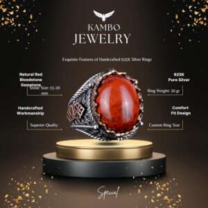 925 Ayar Gümüş Yüzük, El Yapımı Doğal Kırmızı Kan Taşı Yüzük - Görsel 6