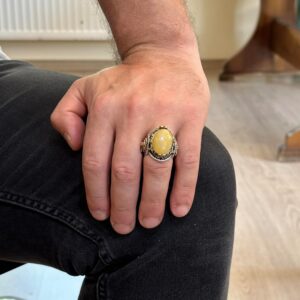 Aslan Başlı Erkek Yüzüğü, 925 Ayar Gümüş Yüzük, Doğal Sarı Akik Taş Yüzüğü, Gümüş Erkek Yüzüğü - Görsel 3