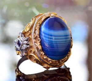 Doğal Mavi Akik Taş Erkek Yüzüğü, Altın Kaplama 925 Ayar Gümüş Yüzük, El Yapımı Gümüş Yüzük - Görsel 5