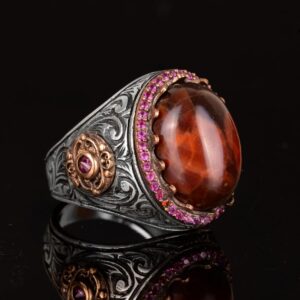 Doğal Gerçek Kan Taşı Taş Yüzük, El Yapımı Yüzük, 925 Ayar Gümüş Erkek Yüzük - Görsel 4