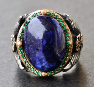 Doğal Cabochon Safir Taşlı Erkek Yüzüğü, 925 Ayar Gümüş Kartal Pençesi Tasarımı - Görsel 5