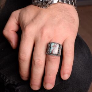 925 Ayar Gümüş Erkek Yüzük, Gerçek Arizona Turkuaz Doğal Taş Yüzük - Görsel 3