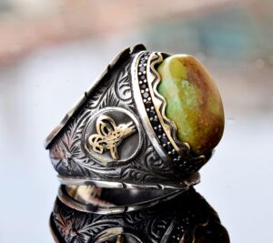 El Yapımı 925 Ayar Gümüş Erkek Yüzük, Gerçek Arizona Turkuaz Taşı - Karmaşık Osmanlı İşlemeli Tasarım - Özgün Gümüş Yüzük - Görsel 4