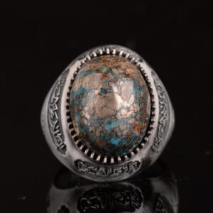 El Yapımı 925 Ayar Gümüş Yüzük, Gerçek Doğal Turkuaz Taşı ve İslami Hat ile - Erkek Takısı - Görsel 5