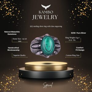 925 Ayar Gümüş Erkek Yüzük, Doğal Taşlı, El Yapımı Vintage Tasarım Pençeli Yüzük (Malaşit) - Görsel 2