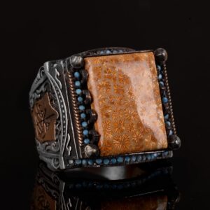 Gerçek Doğal Mercan Taşı Erkek Yüzük, 925 Ayar Gümüş Yüzük, El Yapımı Yüzük, İslami Yüzük - Görsel 5